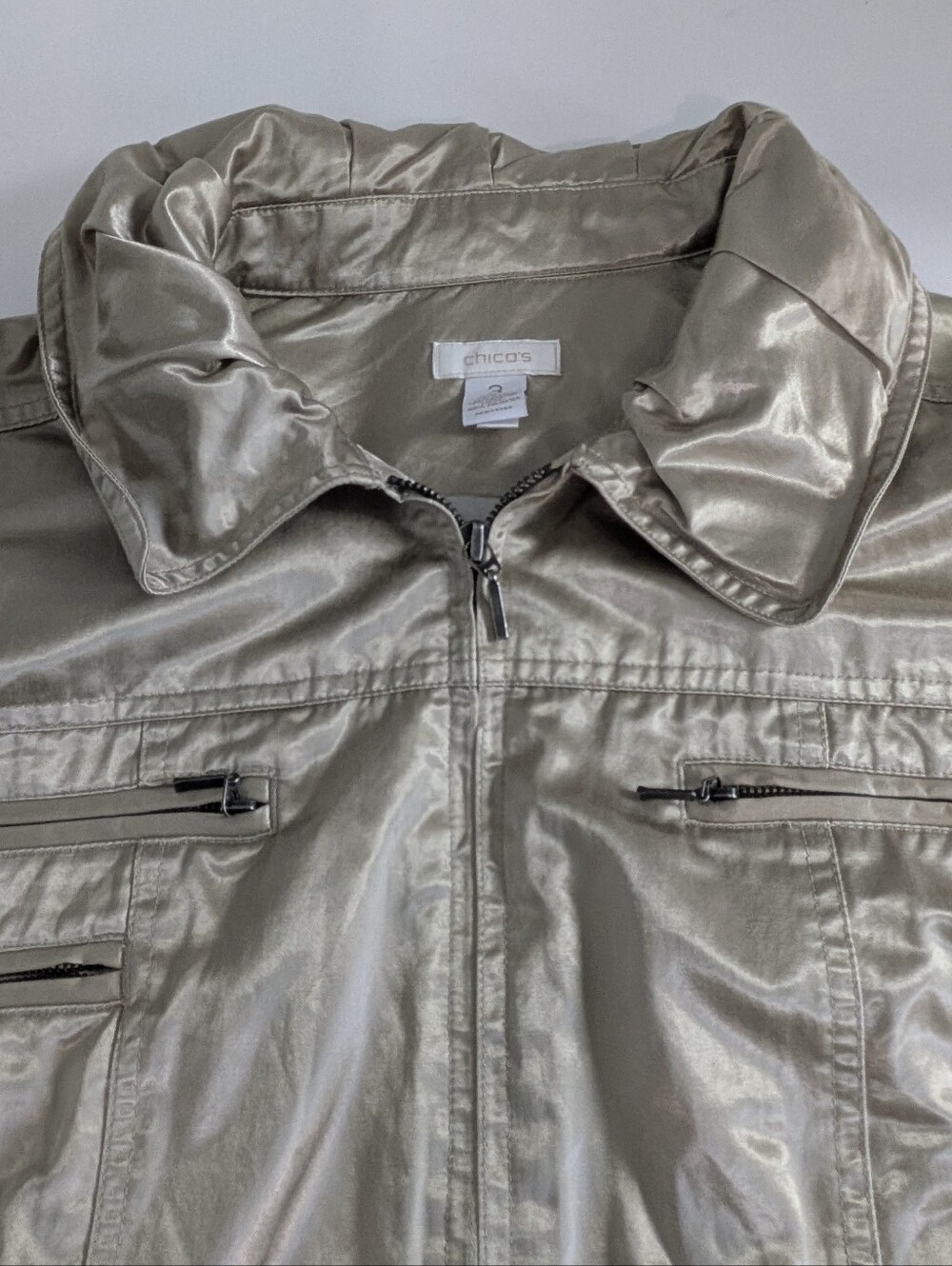Chicos Casual Khaki Metallic Sheen Kori Jacket Front Full Zip Size 3=XL - Picture 11 of 14